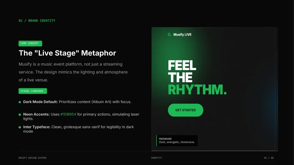 Musify dark interface with neon green accent and concert imagery