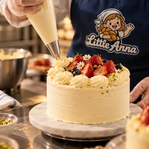 Little Anna branded apron while finishing a cake