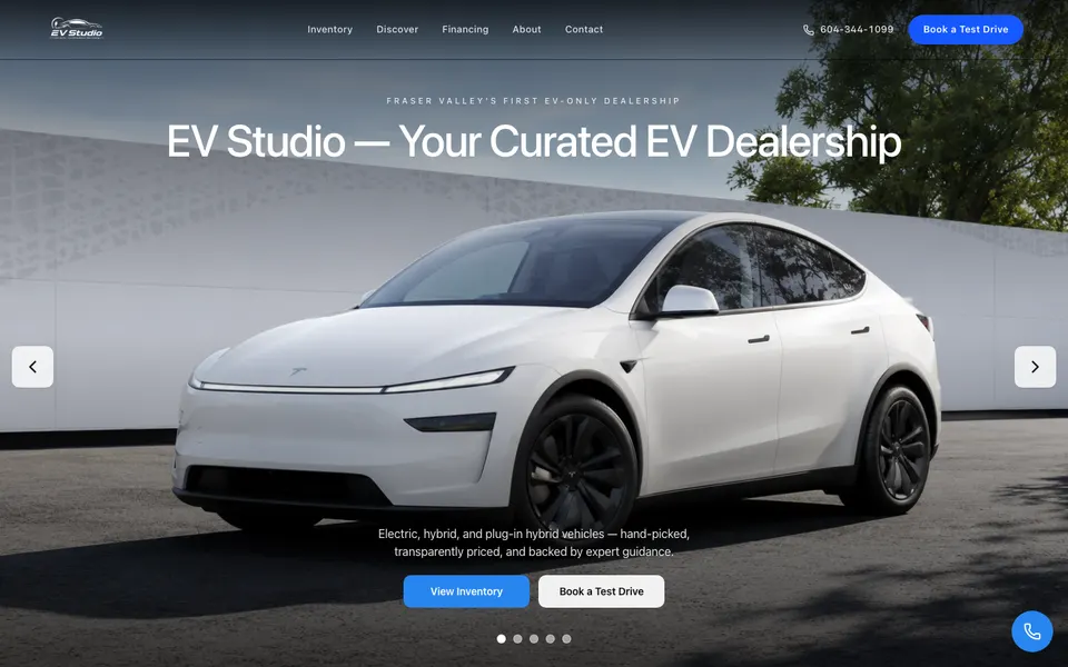 EV Studio, desktop homepage