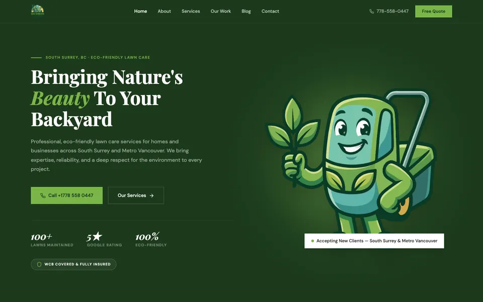Go Green Mowing, desktop homepage