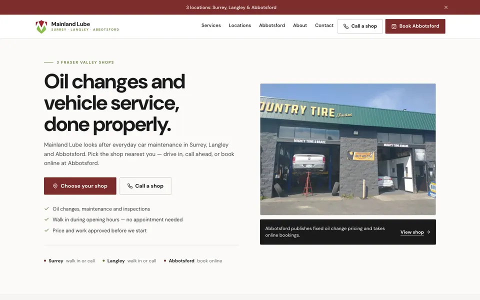 Mainland Lube, desktop homepage