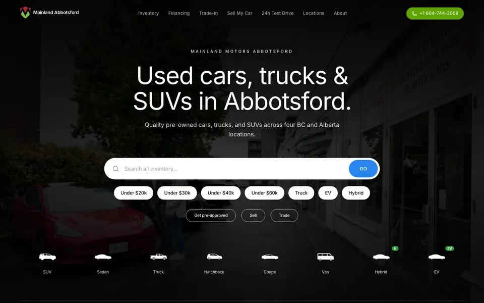 Mainland Motors Abbotsford, desktop homepage