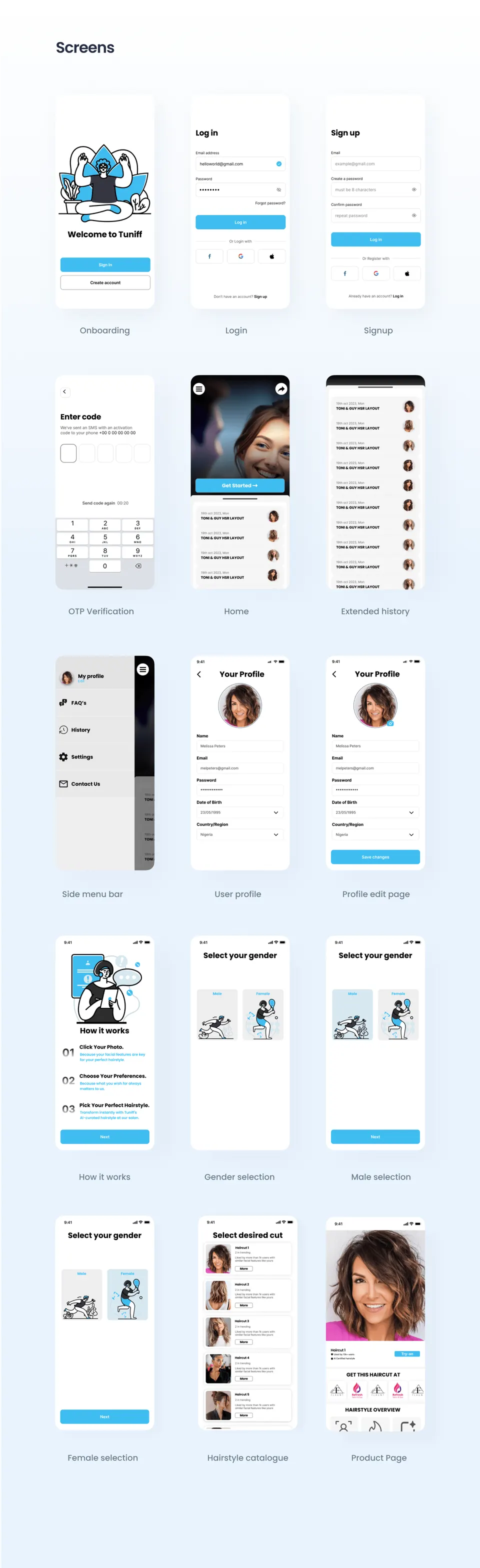Tuniff high-fidelity screens for onboarding, recommendations and try-on