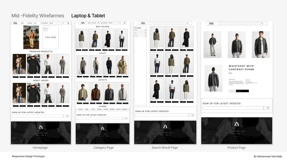 Mid-fidelity wireframes of the redesigned Zara homepage, category, search and product pages on laptop and tablet