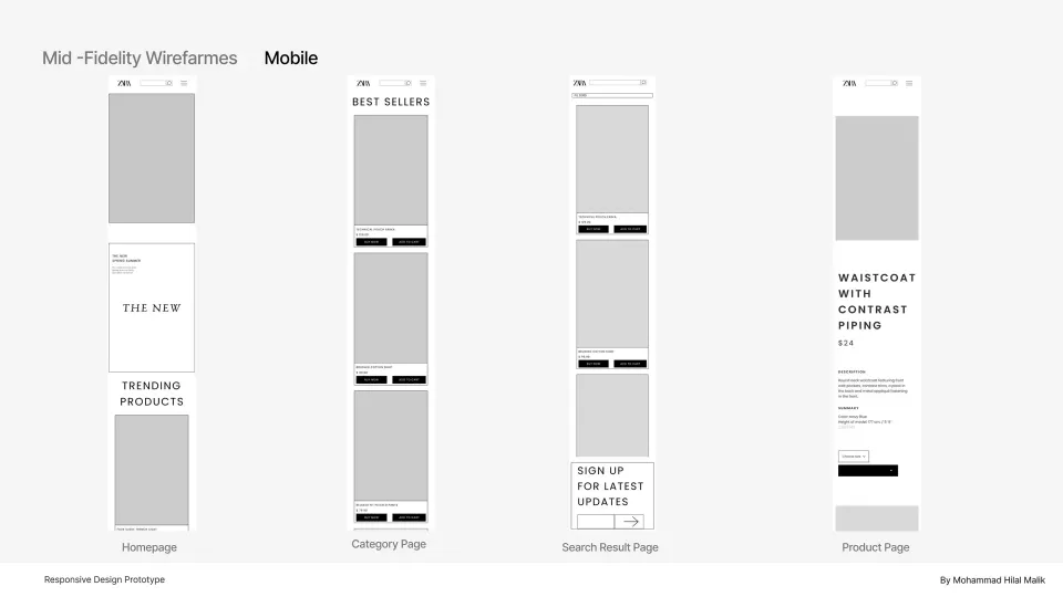 Zara redesign, mobile wireframes